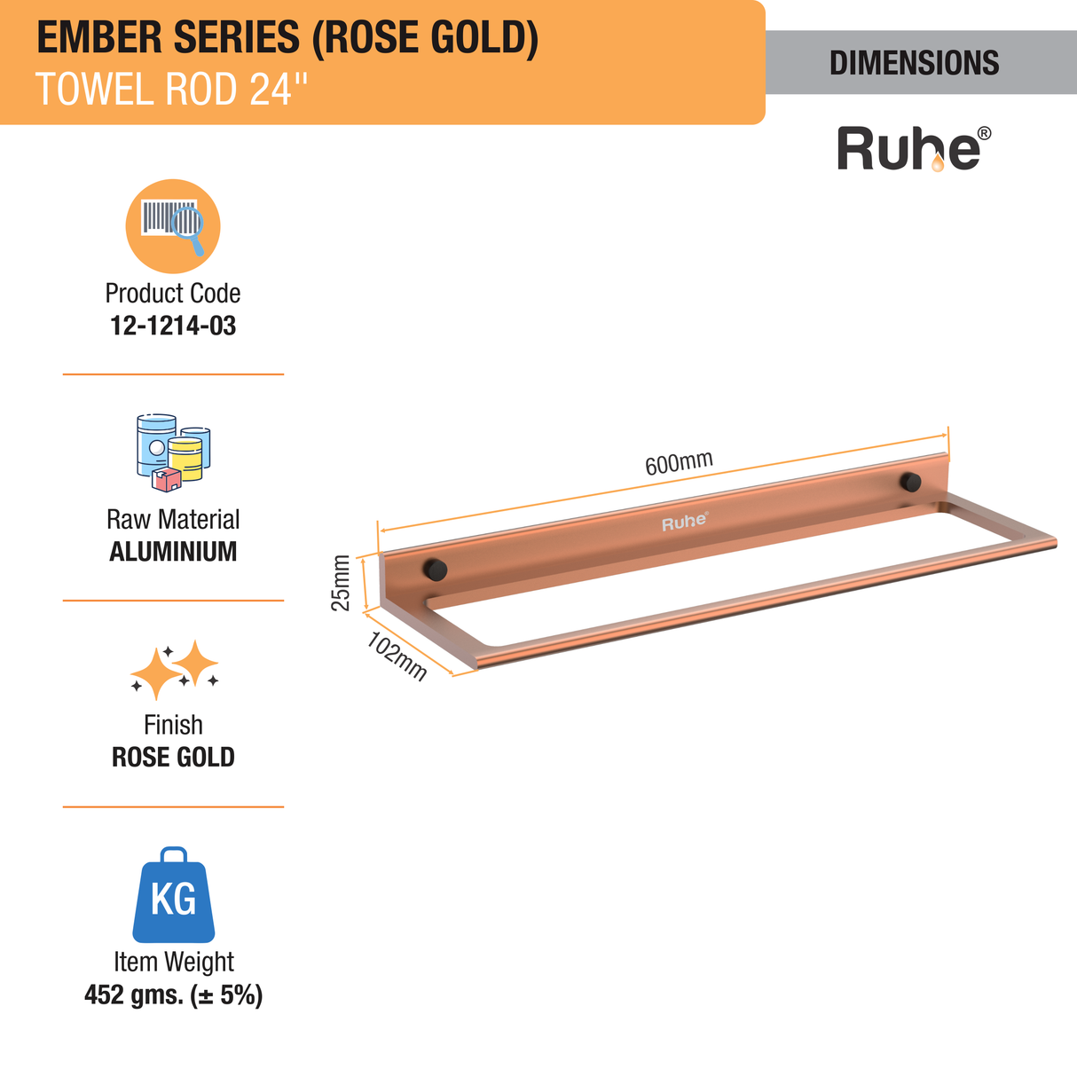 Ember Rose Gold Towel Rod (Space Aluminium) dimensions and sizes