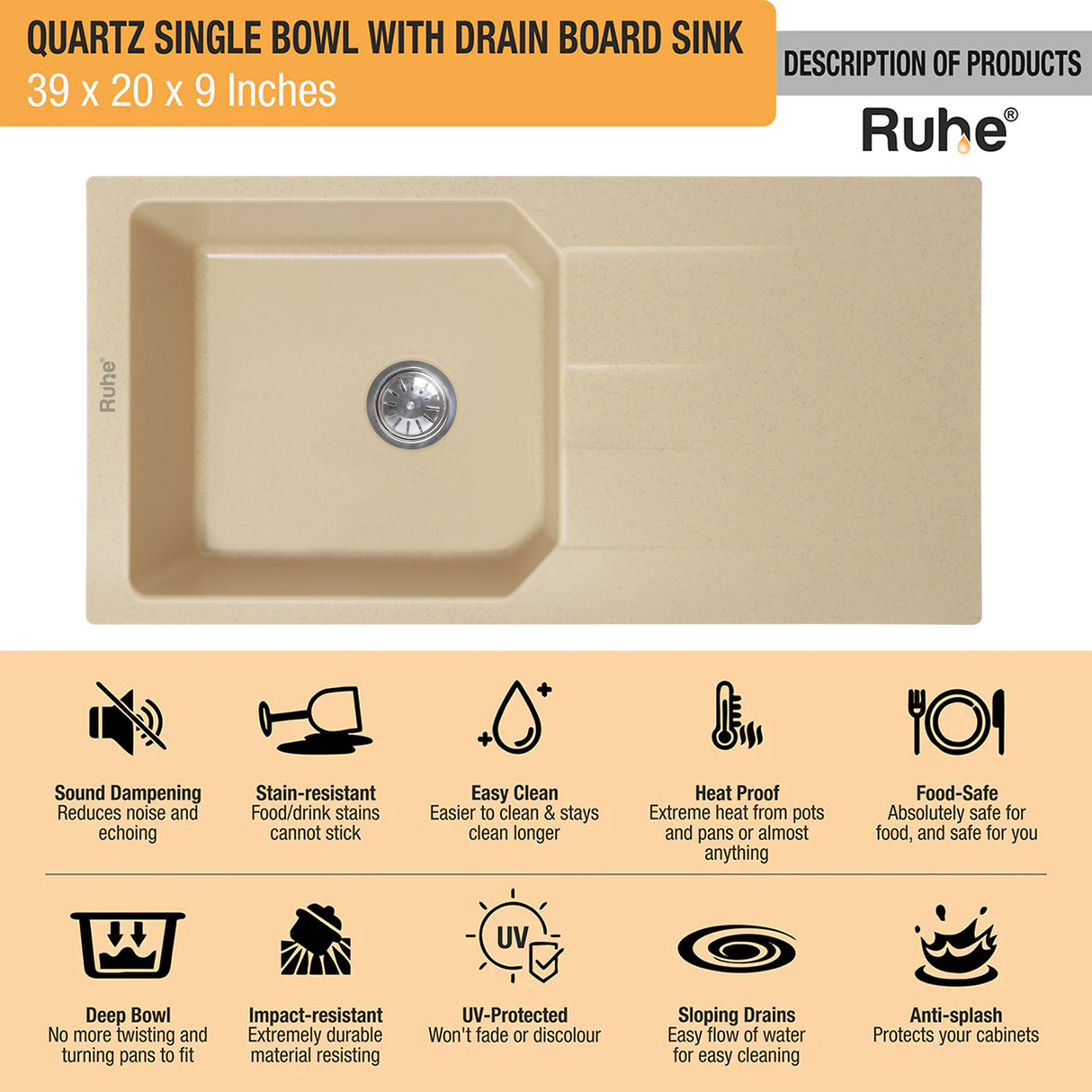 Quartz Single Bowl with Drainboard Kitchen Sink - Sand Choco (39 x 20 x 9 inches) - by Ruhe