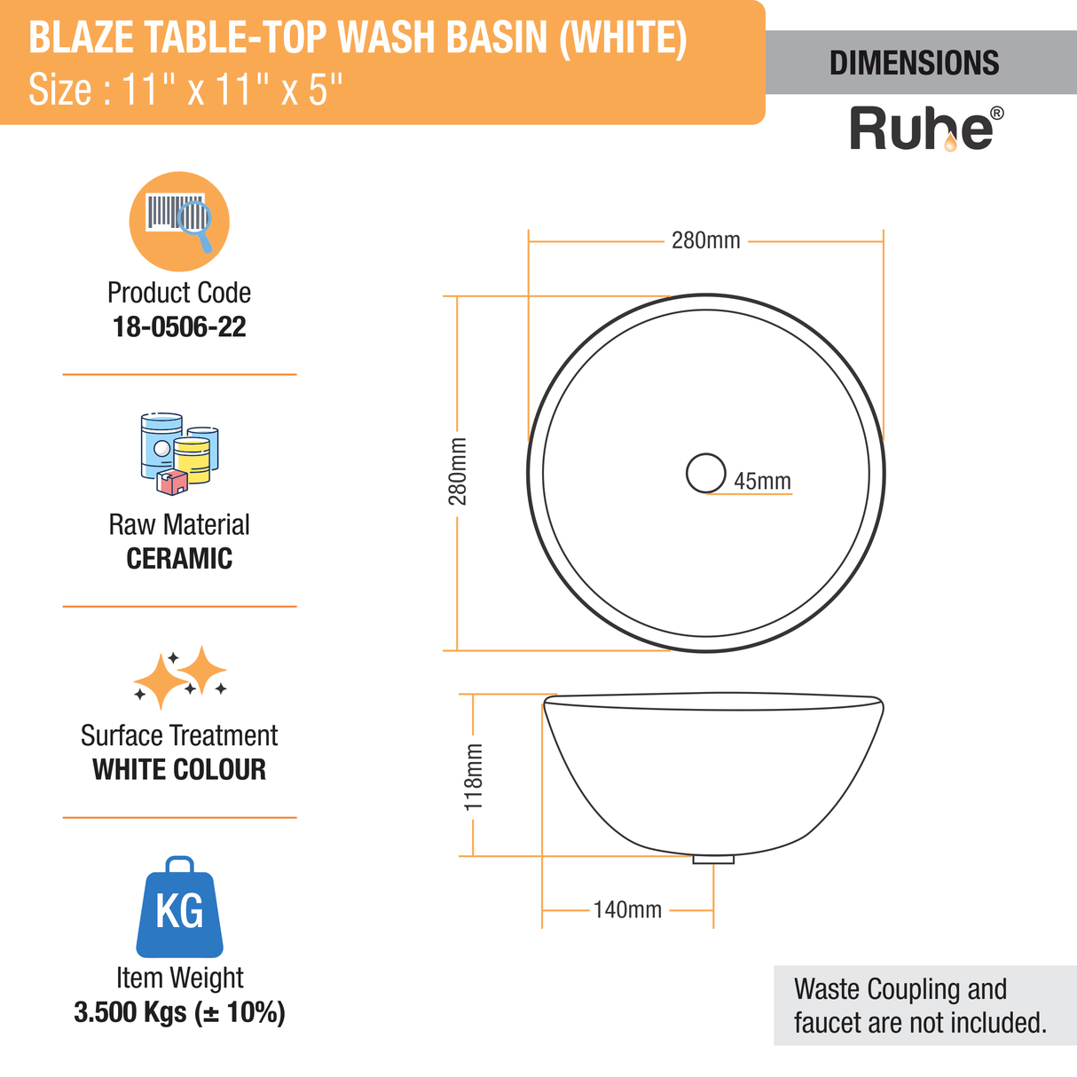 Blaze Table Top Wash Basin (White) - by Ruhe