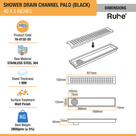 Palo Shower Drain Channel (40 x 5 Inches) Black PVD Coated dimensions and sizes