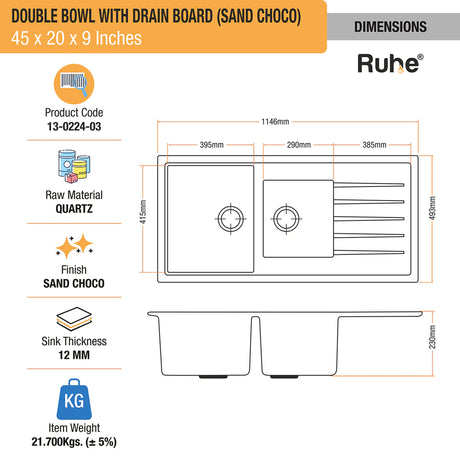 Quartz Double Bowl with Drainboard Kitchen Sink - Sand Choco (45 x 20 x 9 inches) - by Ruhe