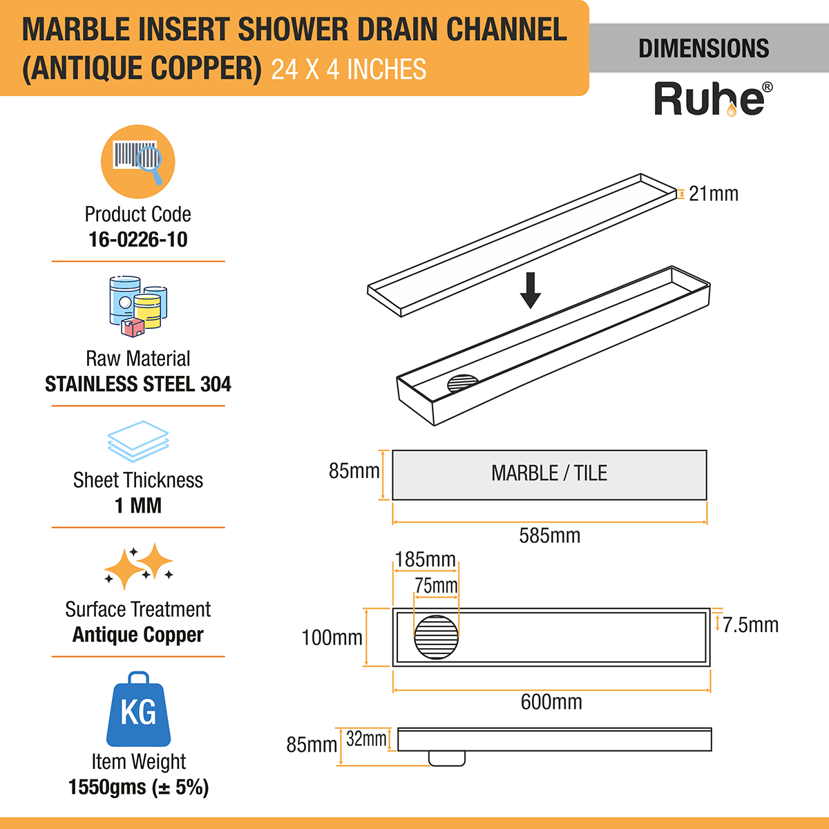 Marble Insert Shower Drain Channel (24 x 4 Inches) ROSE GOLD PVD Coated - by Ruhe®