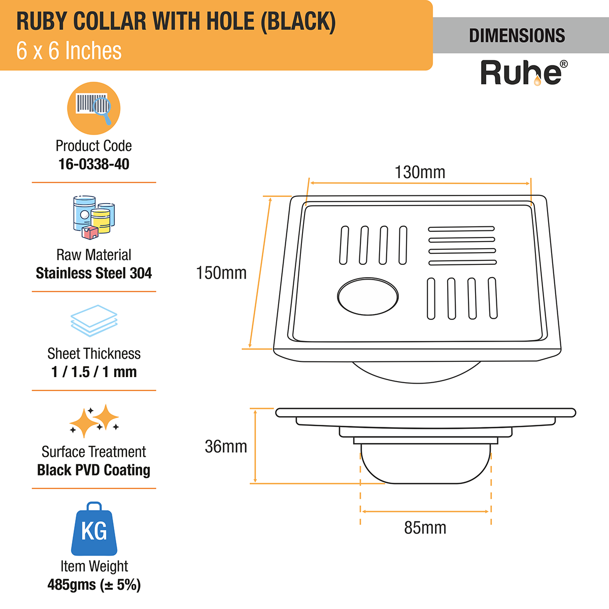 Ruby Square 304-Grade Floor Drain in Black PVD Coating (6 x 6 Inches) with Hole - by Ruhe