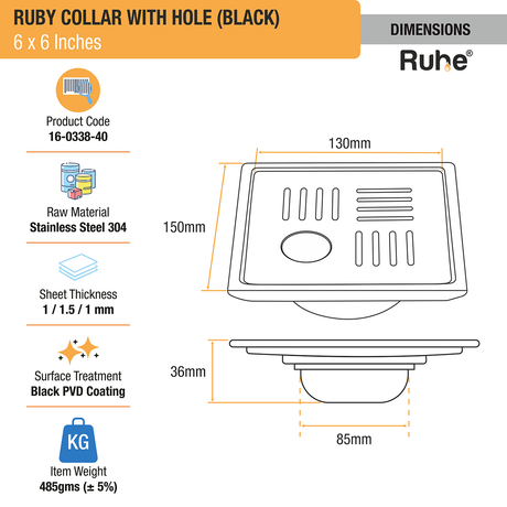 Ruby Square 304-Grade Floor Drain in Black PVD Coating (6 x 6 Inches) with Hole dimensions and sizes