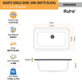 Matte Black Quartz Single Bowl Kitchen Sink  (31 x 19 x 9 inches) - by Ruhe