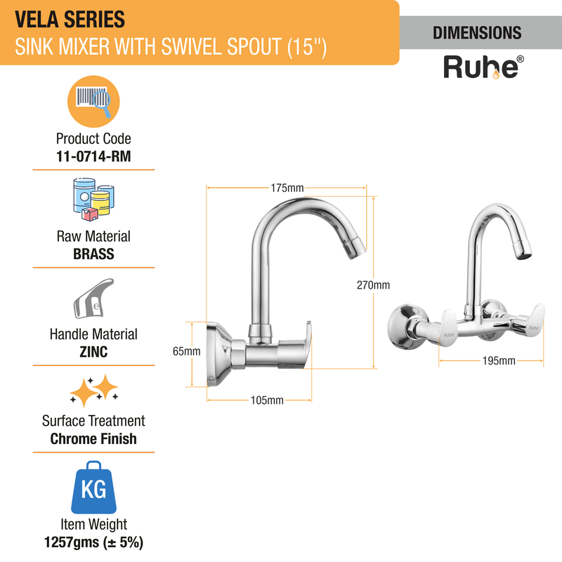 Vela Wall Mount Kitchen Sink Mixer Tap with Swivel Spout