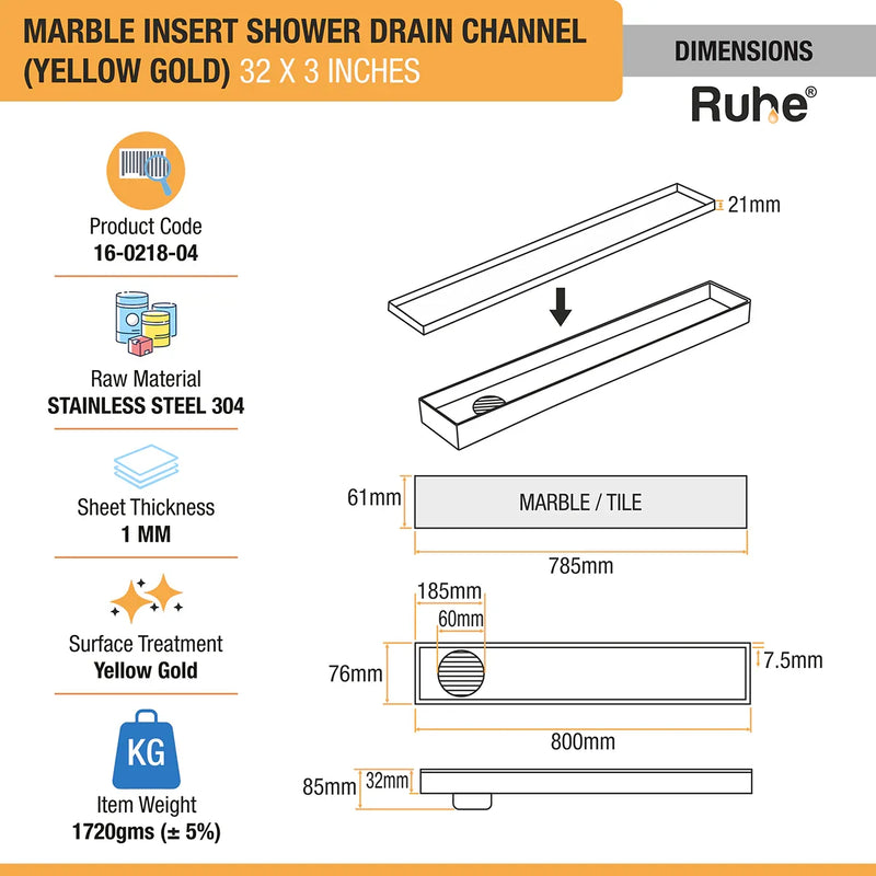Marble Insert Shower Drain Channel (32 x 3 Inches) Center Hole YELLOW GOLD PVD Coated