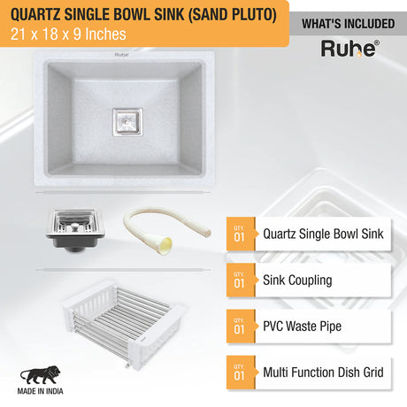 Quartz Single Bowl Kitchen Sink - Sand Pluto (21 x 18 x 9 inches) - by Ruhe®