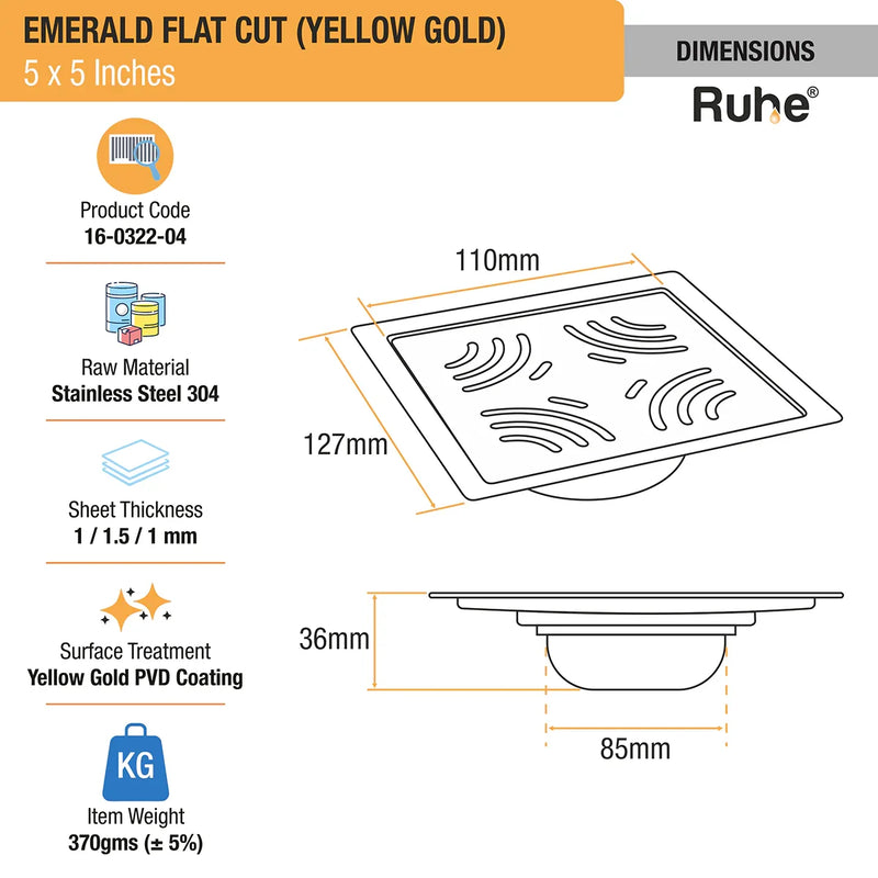 Emerald Square Flat Cut Floor Drain in Yellow Gold PVD Coating (5 x 5 Inches) - by Ruhe