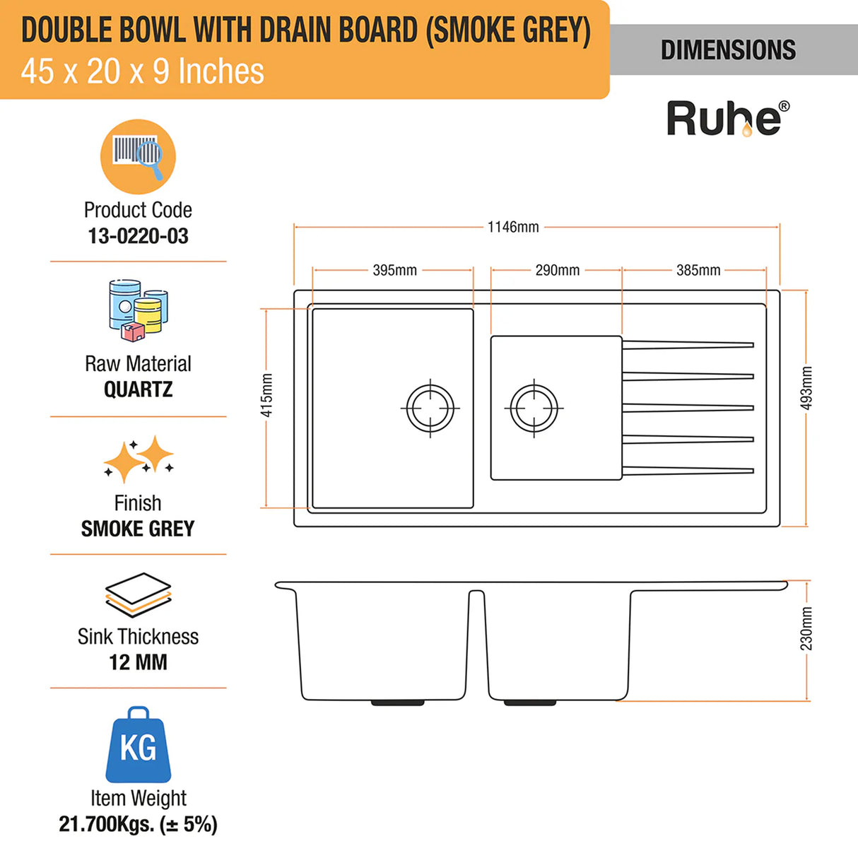 Quartz Double Bowl with Drainboard Kitchen Sink - Smoke Grey (45 x 20 x 9 inches) - by Ruhe