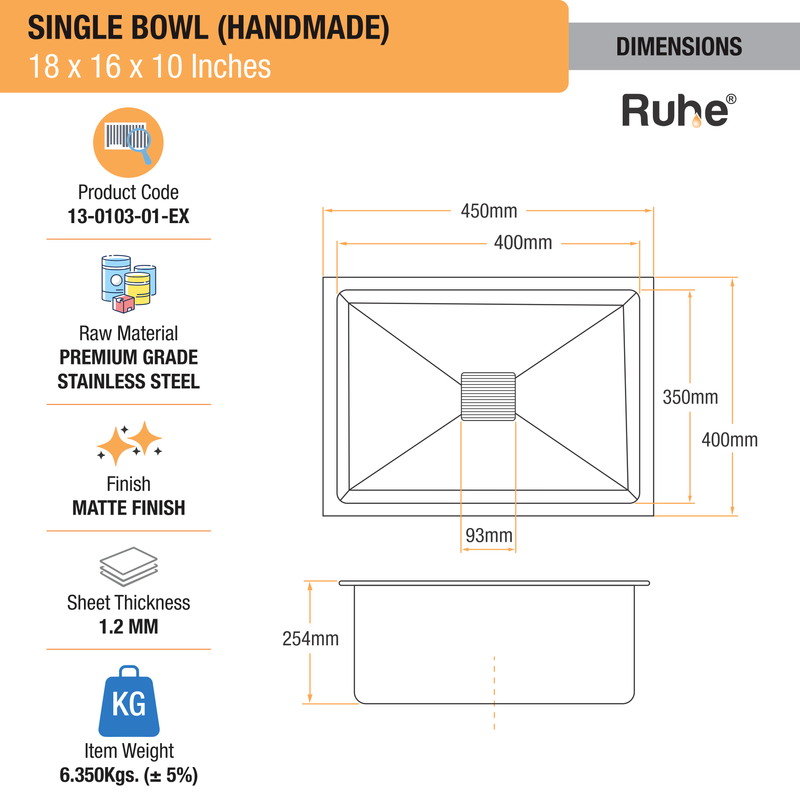 Handmade Single Bowl Kitchen Sink (18 x 16 x 10 Inches)
