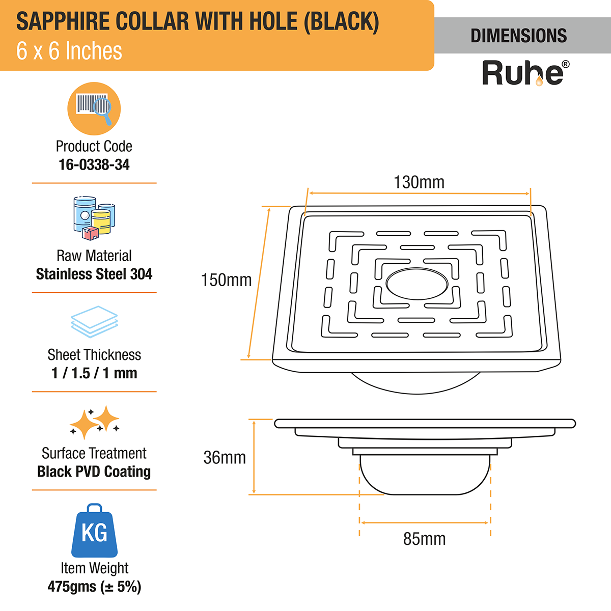 Sapphire Square 304-Grade Floor Drain in Black PVD Coating (6 x 6 Inches) with Hole - by Ruhe