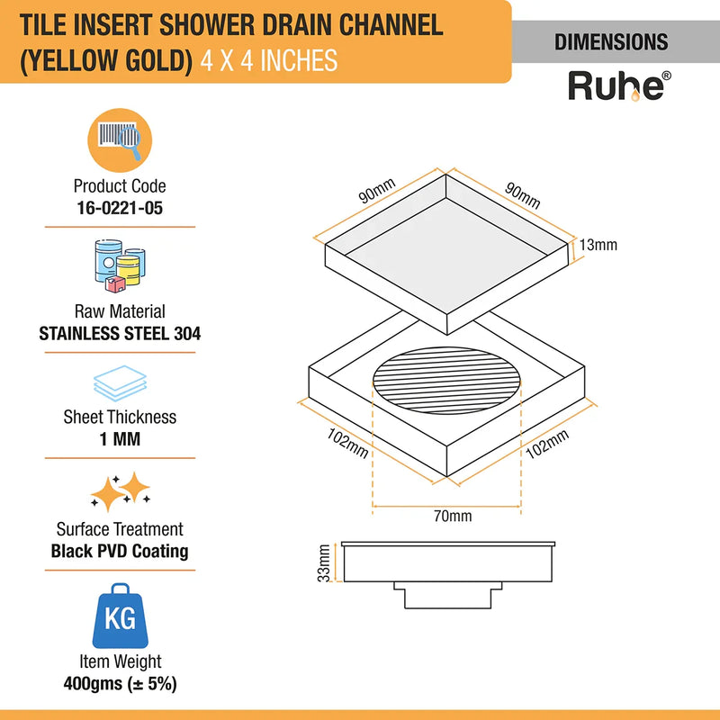 Tile Insert Shower Drain Channel (4 x 4 Inches) YELLOW GOLD PVD Coated - by Ruhe