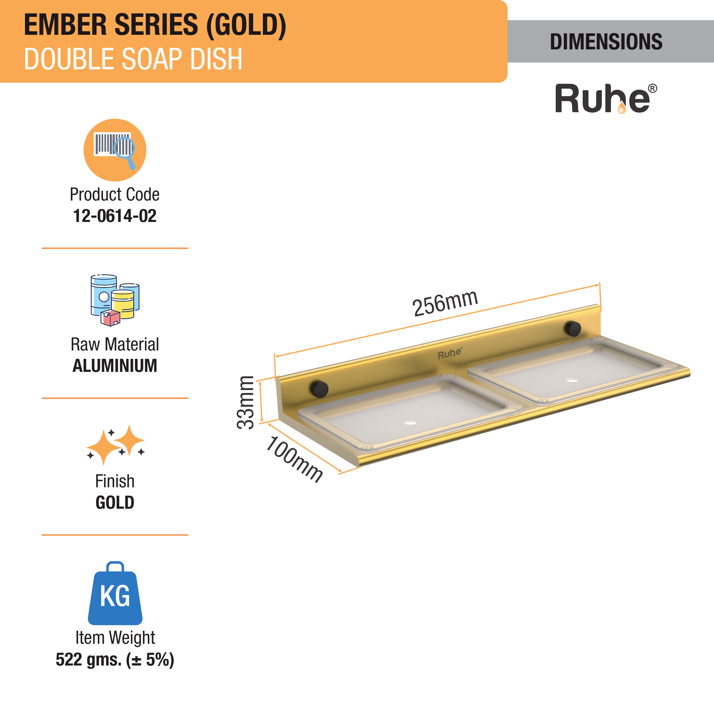 Ember Gold Double Soap Dish (Space Aluminium) dimensions and sizes