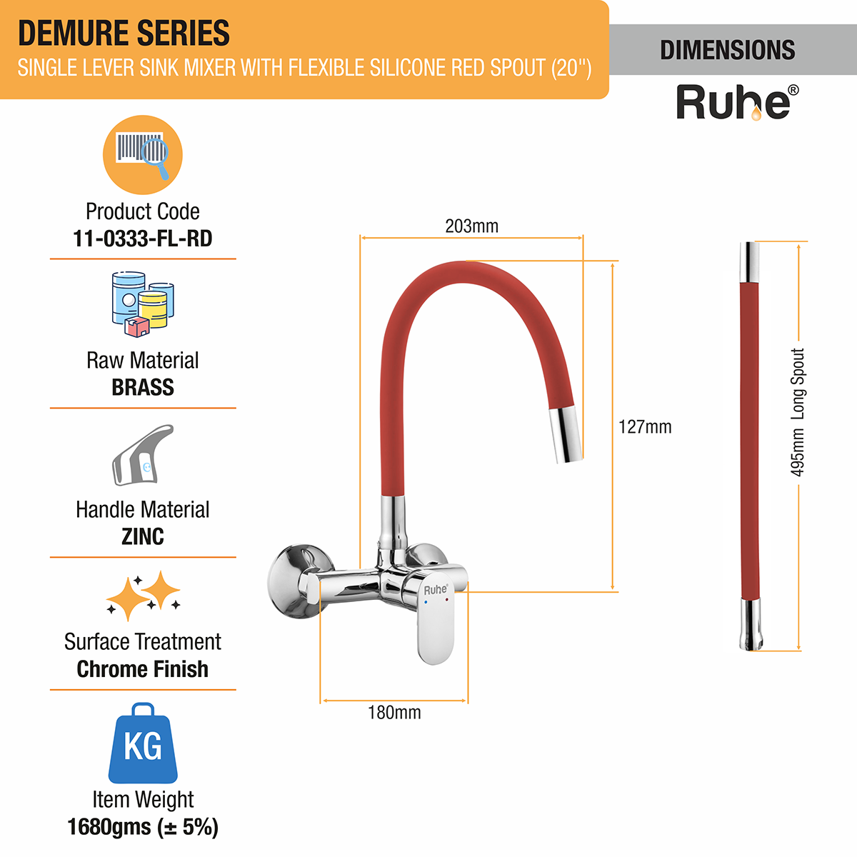 Demure Single Lever Wall-mount Sink Mixer Brass Faucet with Red Silicone Spout - by Ruhe®