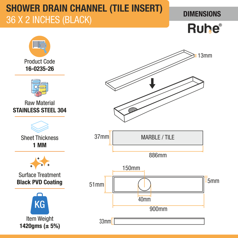 Tile-Insert Shower Drain Channel Coloured (2 Inches)