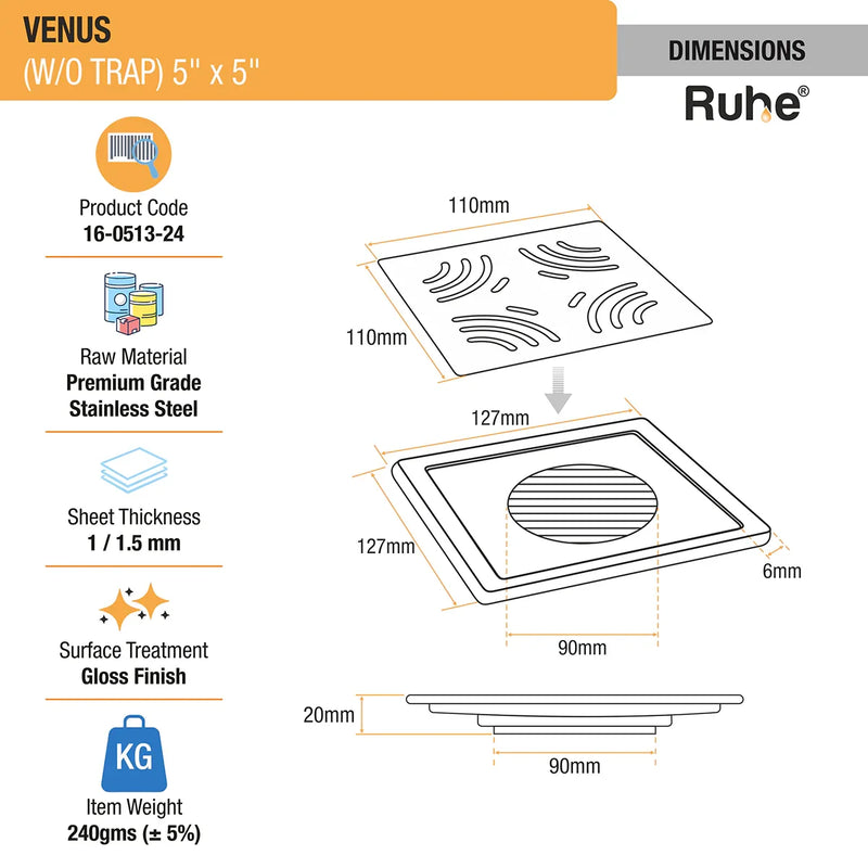 Venus Square Premium Floor Drain (5 x 5 Inches) - by Ruhe