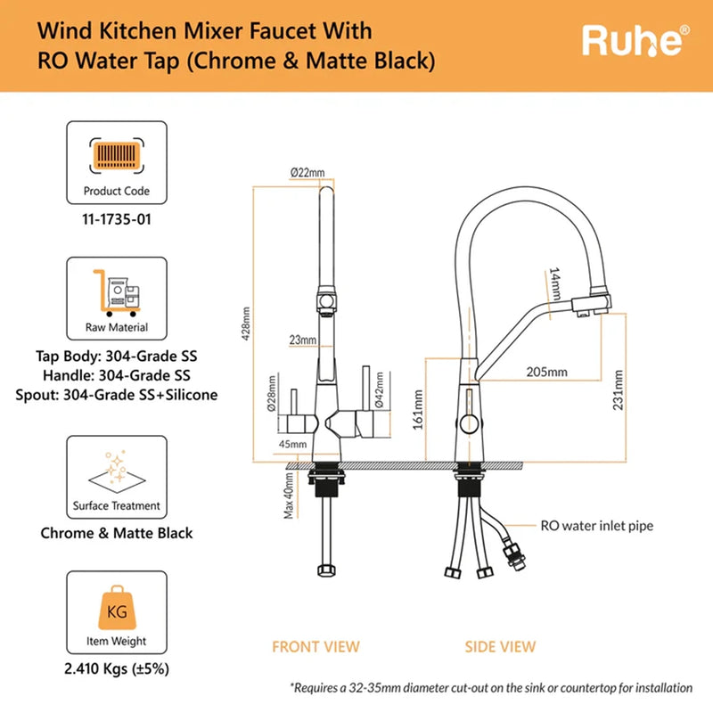 Wind Table Mount Sink Mixer Faucet with RO Water Supply