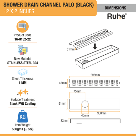 Palo Shower Drain Channel Black (2 Inches)
