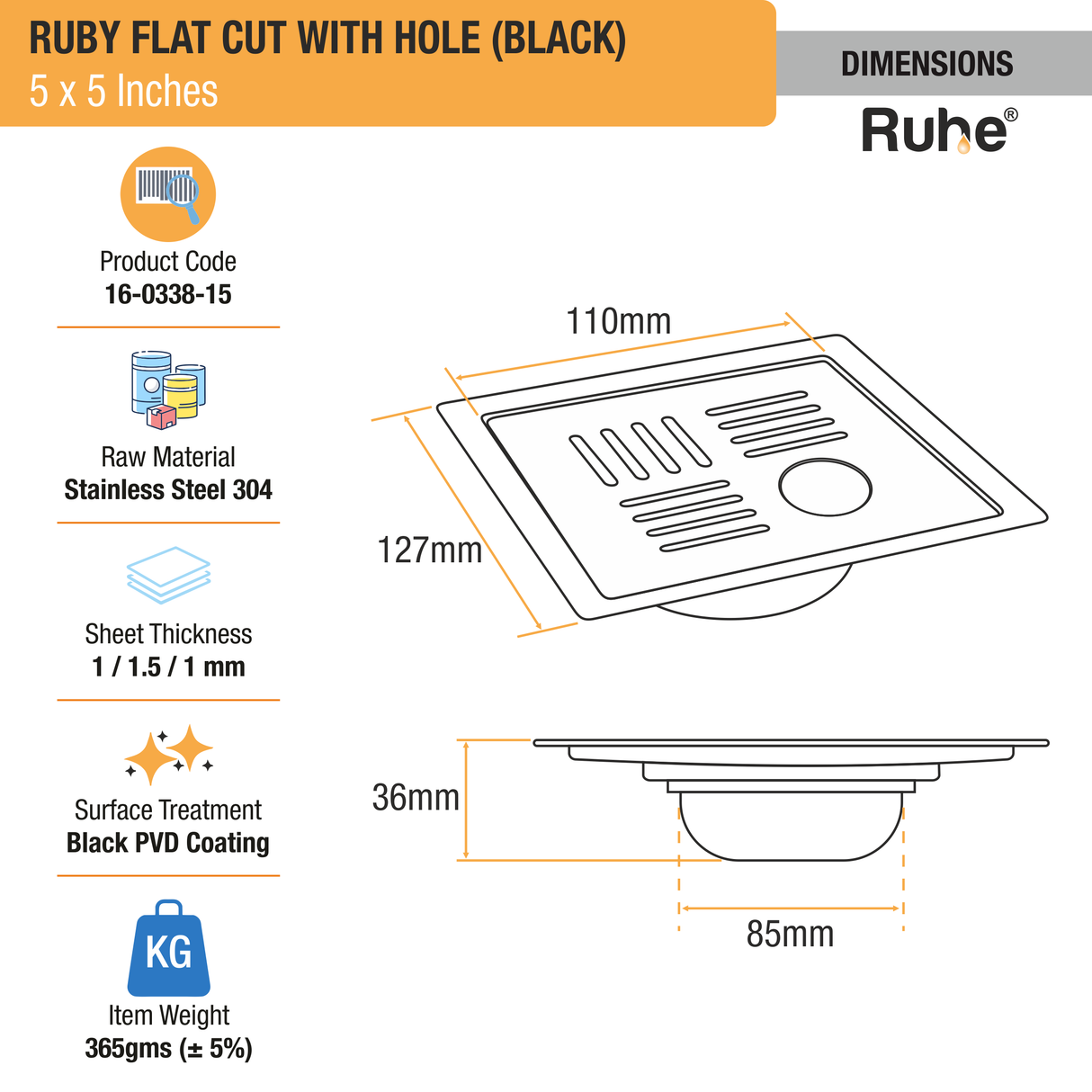 Ruby Square Flat Cut Floor Drain in Black PVD Coating (5 x 5 Inches) with Hole - by Ruhe