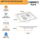 Ruby Square Flat Cut Floor Drain in Black PVD Coating (5 x 5 Inches) with Hole - by Ruhe