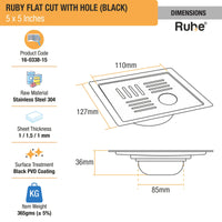 Ruby Square Flat Cut Floor Drain in Black PVD Coating (5 x 5 Inches) with Hole - by Ruhe
