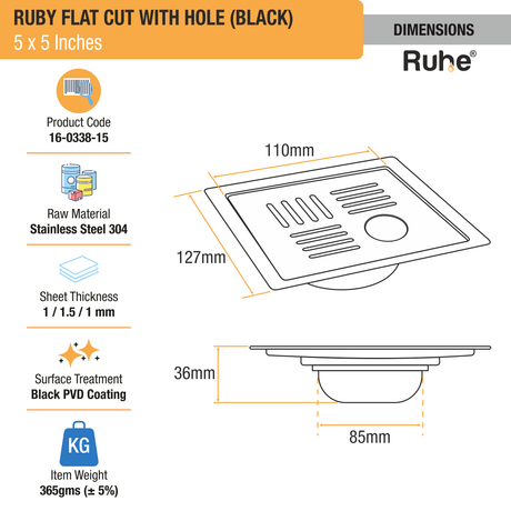 Ruby Square Flat Cut Floor Drain in Black PVD Coating (5 x 5 Inches) with Hole - by Ruhe®