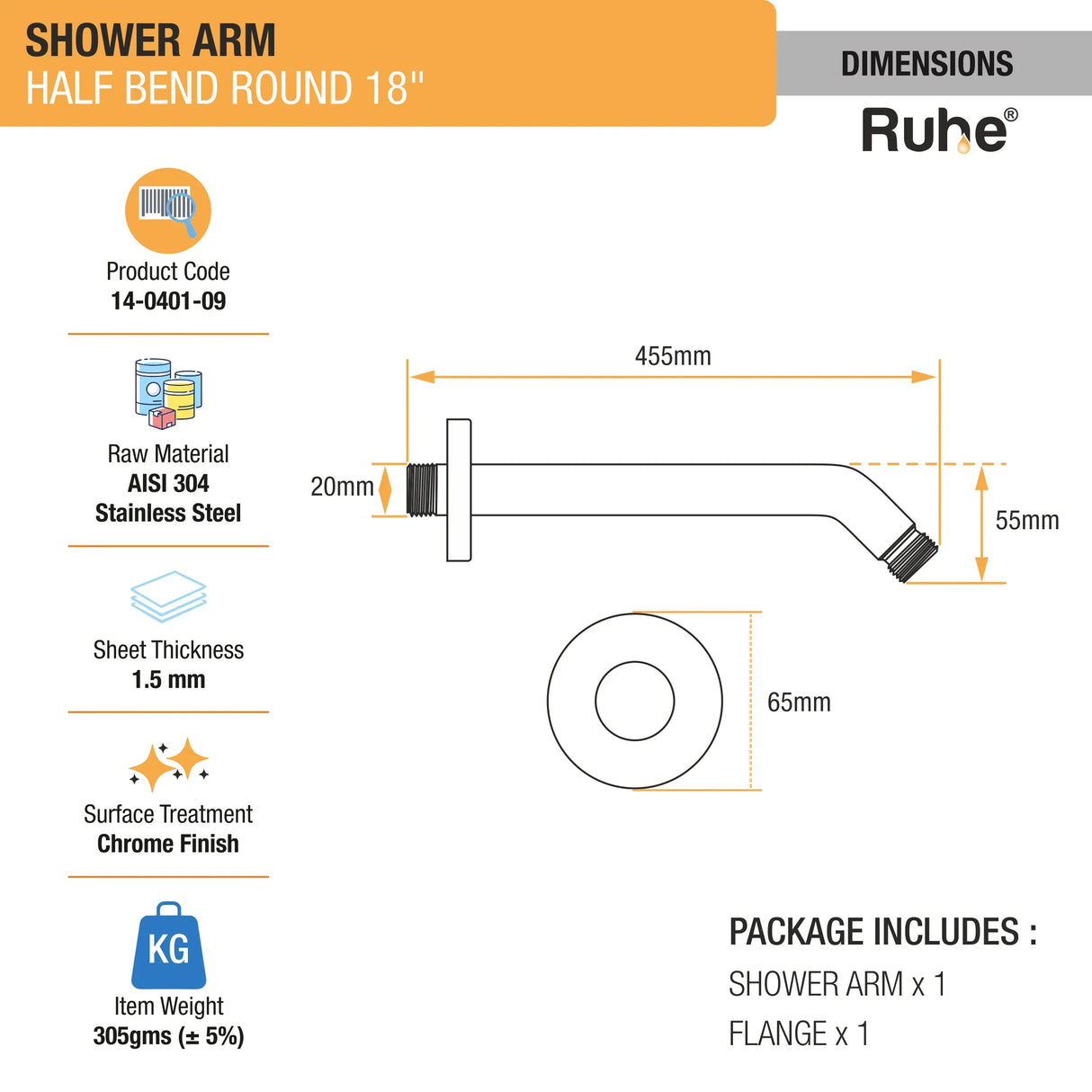 Round Half Bend Shower Arm
