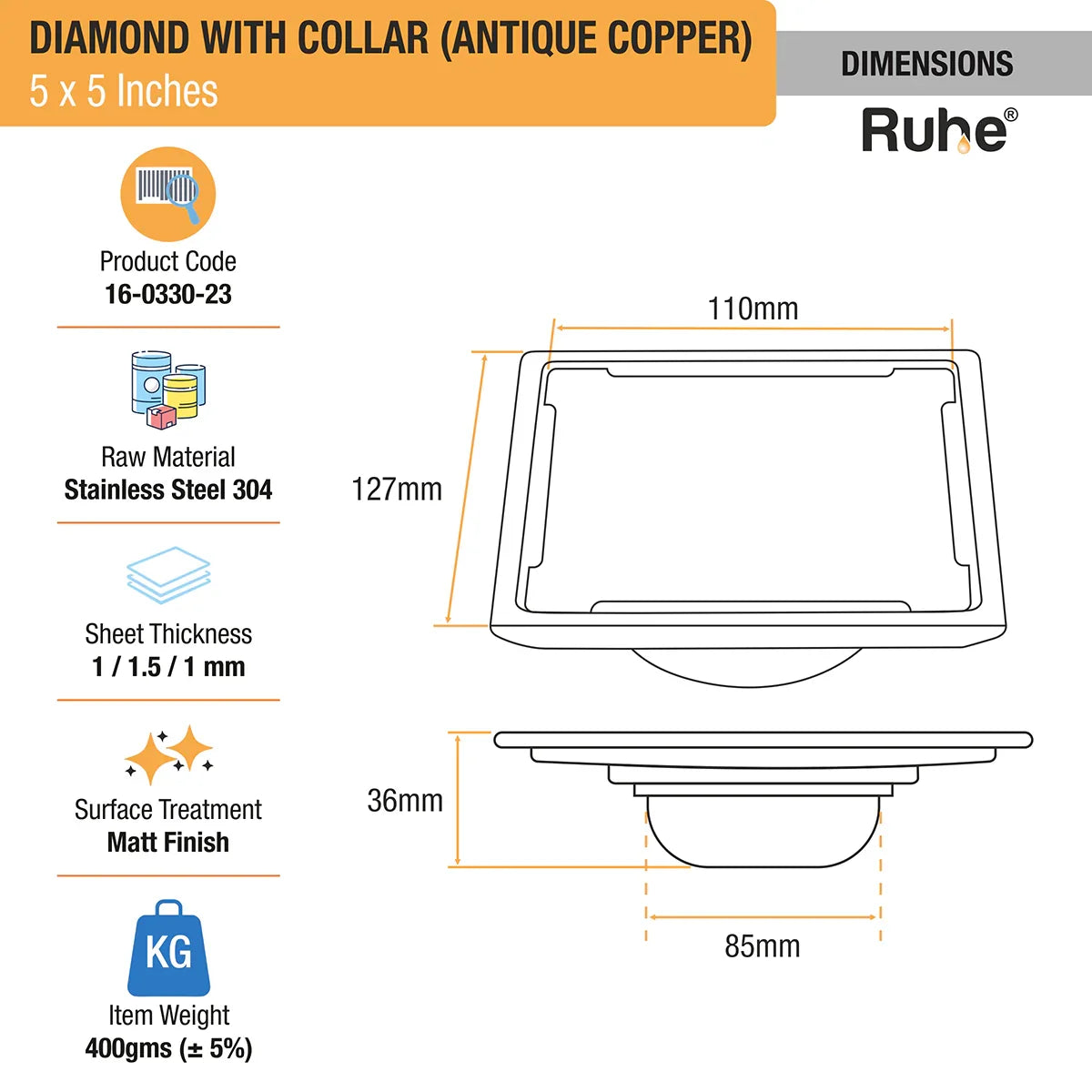 Diamond Square Flat Cut Floor Drain