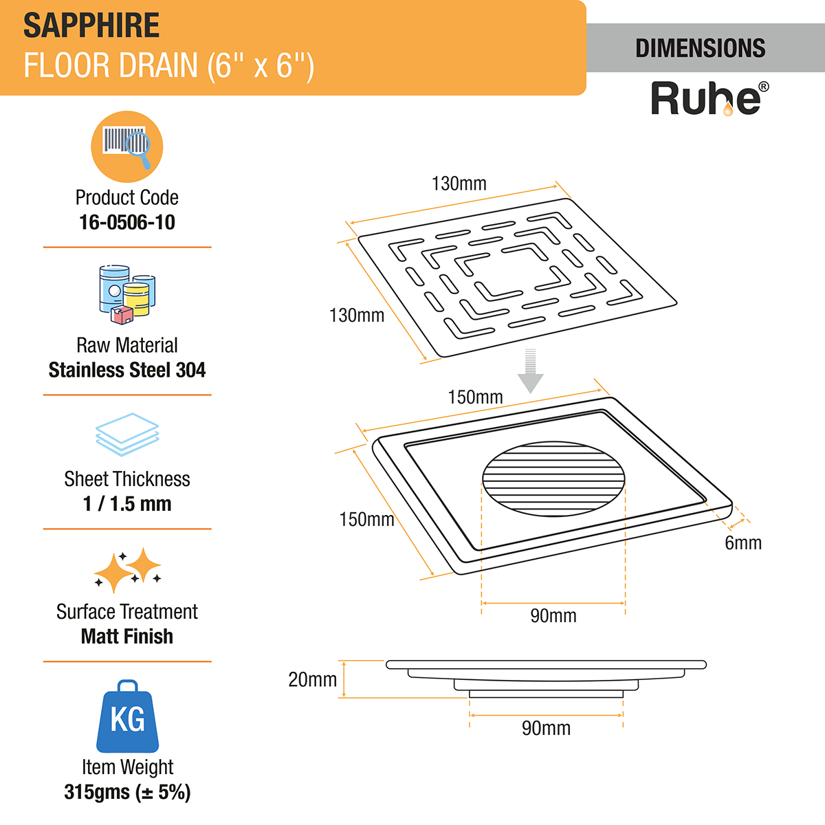 Sapphire Square 304-Grade Floor Drain (6 x 6 Inches) - by Ruhe®