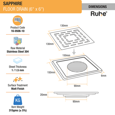 Sapphire Square 304-Grade Floor Drain (6 x 6 Inches) - by Ruhe