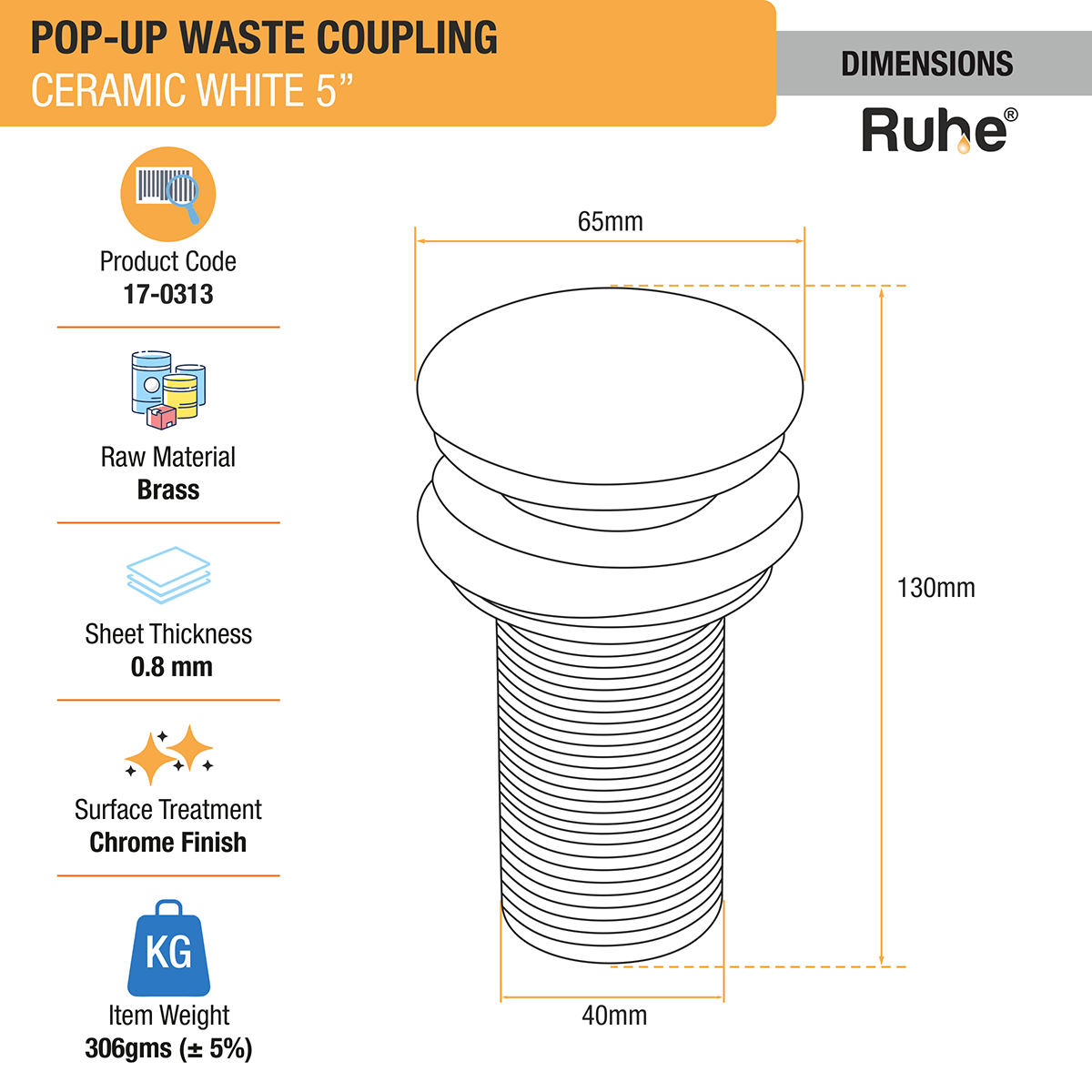 White Ceramic Pop-up Waste Coupling (5 Inches) - by Ruhe
