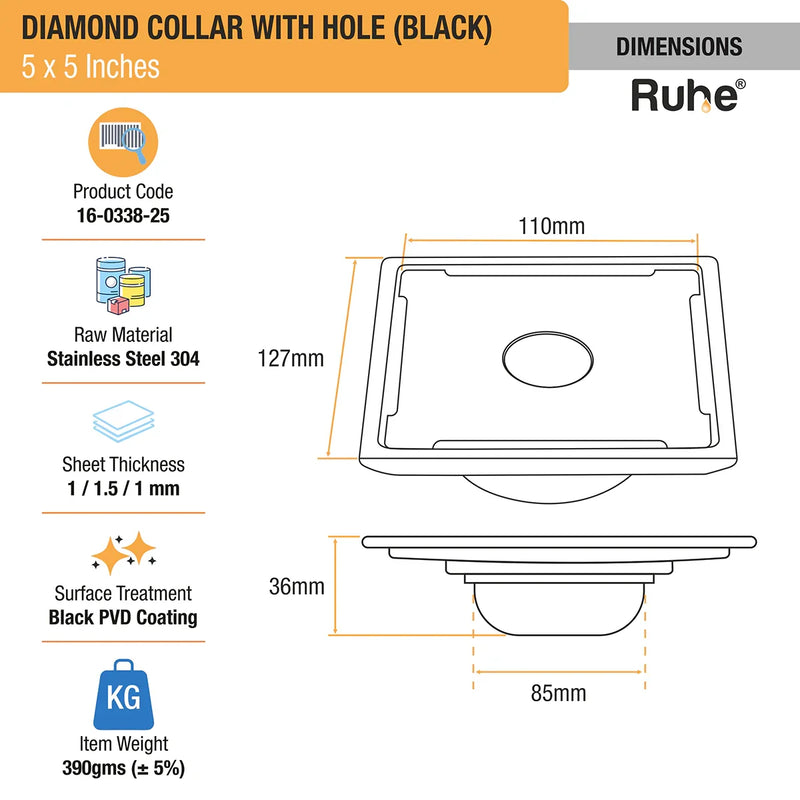 Diamond Square 304-Grade Floor Drain in Black PVD Coating (5 x 5 Inches) with Hole - by Ruhe