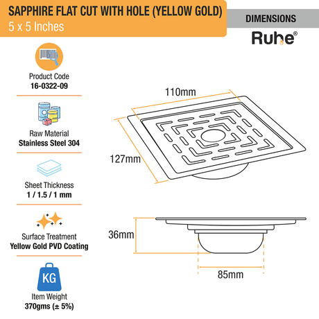 Sapphire Square Flat Cut Floor Drain in Yellow Gold PVD Coating (5 x 5 Inches) with Hole dimensions and sizes