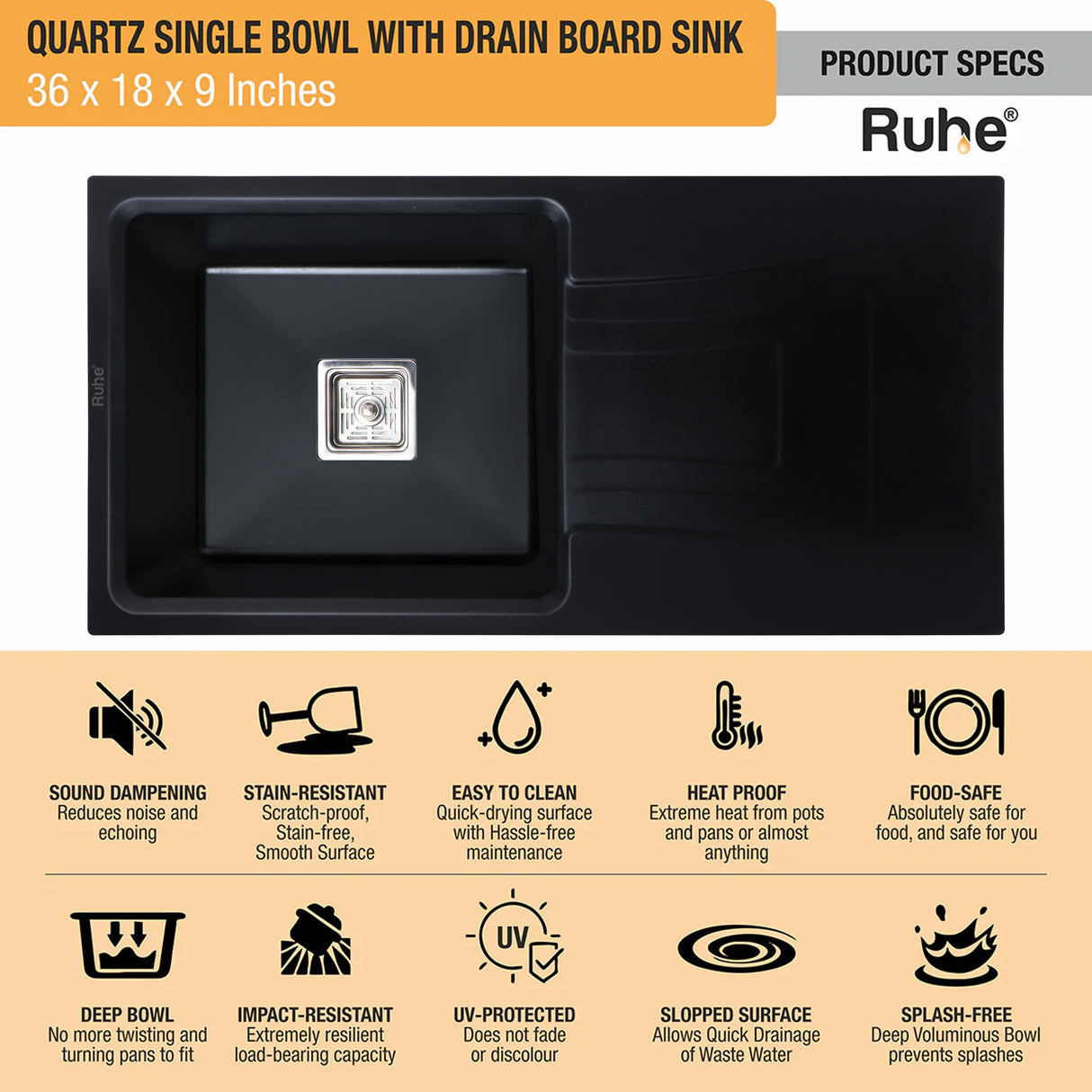 Quartz Single Bowl with Drainboard Kitchen Sink - Matte Black (36 x 18 x 9 inches) - by Ruhe