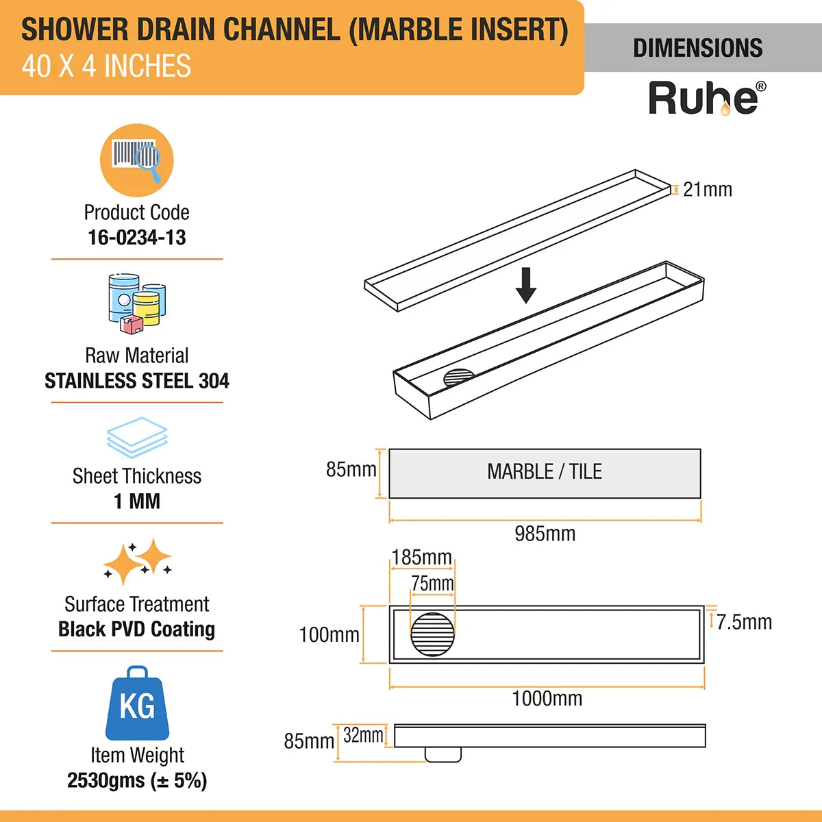 Marble-Insert Shower Drain Channel (4 Inches)