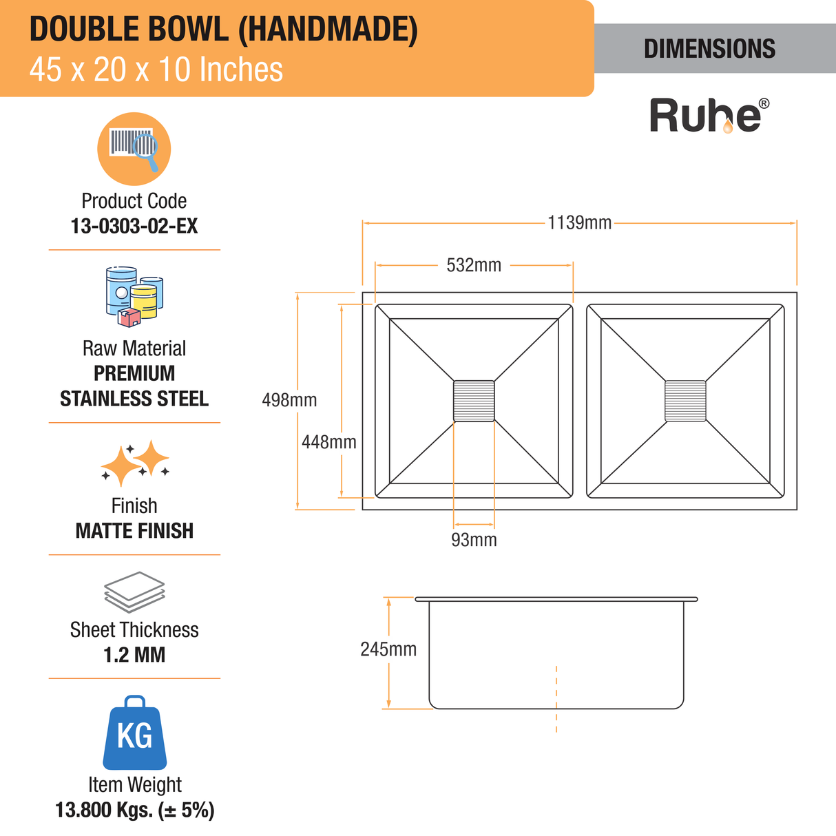 Handmade Double Bowl Kitchen Sink (45 x 20 x 10 Inches) - by Ruhe