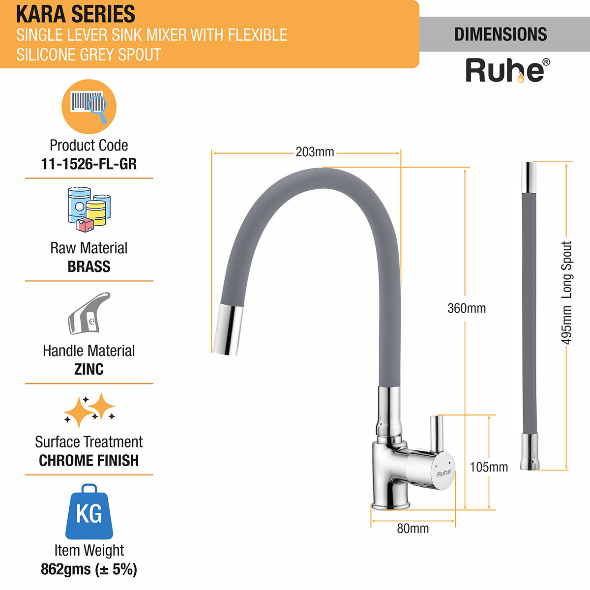 Kara Single Lever Sink Mixer Faucet with Silicone Grey Flexible Spout dimensions and sizes
