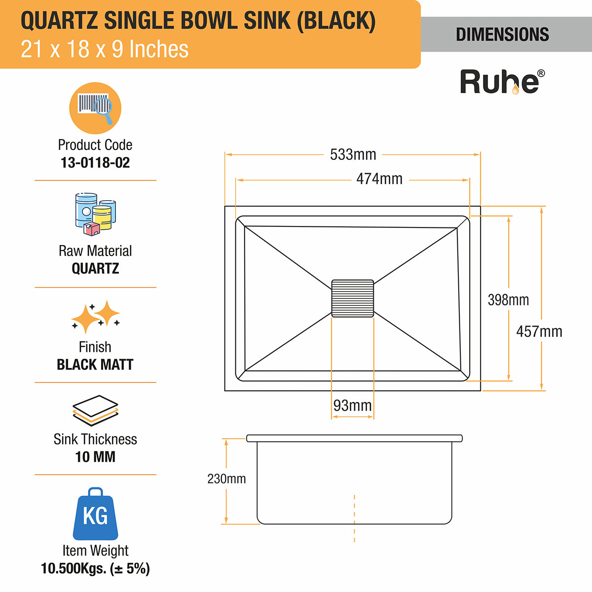 Quartz Black Single Bowl Kitchen Sink (21 x 18 x 9 inches) dimensions and sizes
