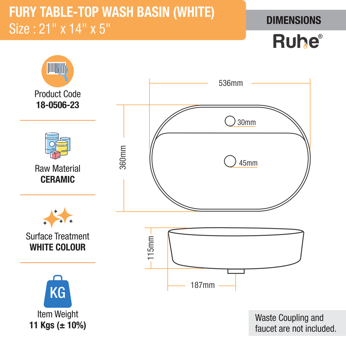 Fury Table Top Wash Basin (White) - by Ruhe