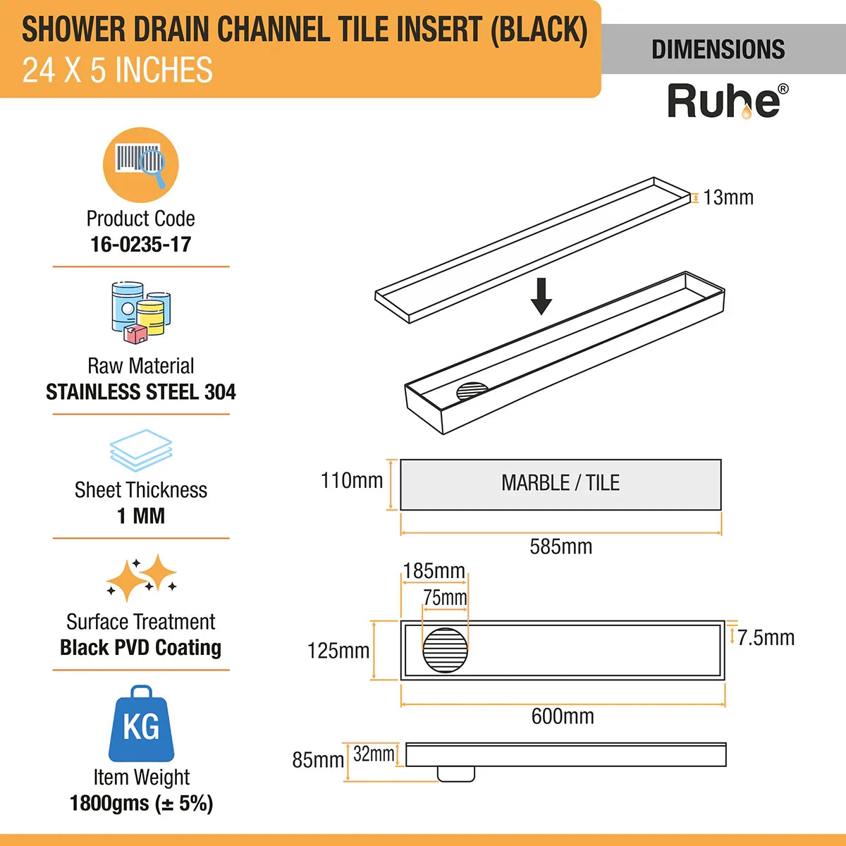 Tile-Insert Shower Drain Channel (5 Inches)