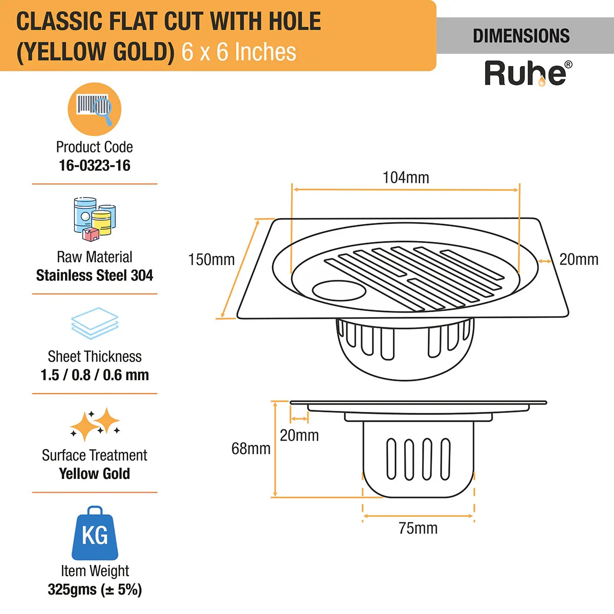 Classic Square Flat Cut Floor Drain in Yellow Gold PVD Coating (6 x 6 Inches) with Hole - by Ruhe