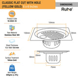 Classic Square Flat Cut Floor Drain in Yellow Gold PVD Coating (6 x 6 Inches) with Hole dimensions and sizes