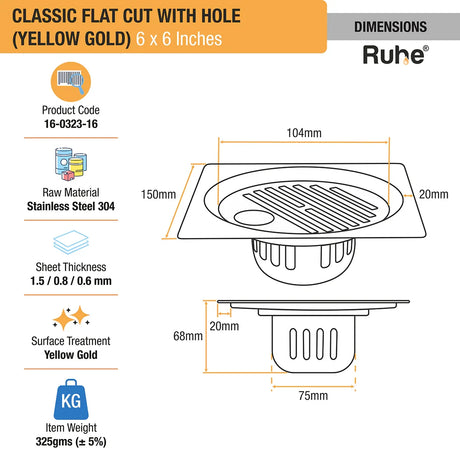 Classic Square Flat Cut Floor Drain in Yellow Gold PVD Coating (6 x 6 Inches) with Hole dimensions and sizes