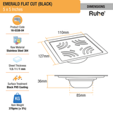 Emerald Square Flat Cut Floor Drain in Black PVD Coating (5 x 5 Inches) - by Ruhe