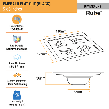 Emerald Square Flat Cut Floor Drain in Black PVD Coating (5 x 5 Inches) - by Ruhe®