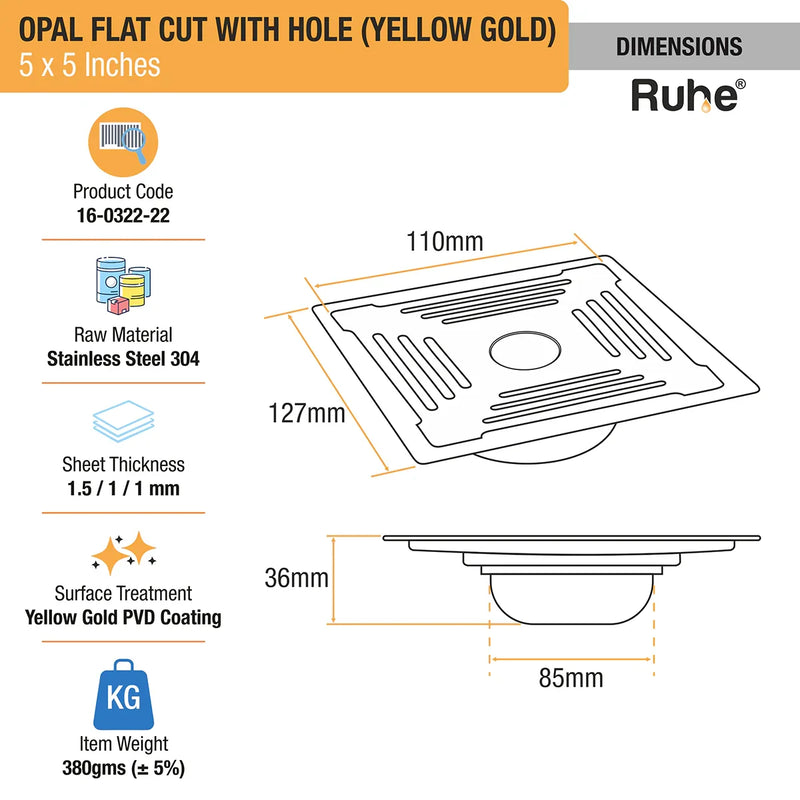 Opal Square Flat Cut Floor Drain in Yellow Gold PVD Coating (5 x 5 Inches) with Hole - by Ruhe