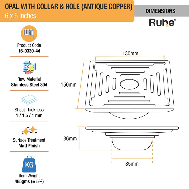 Opal Square Flat Cut Floor Drain in Antique Copper PVD Coating (6 x 6 Inches) with Hole - by Ruhe