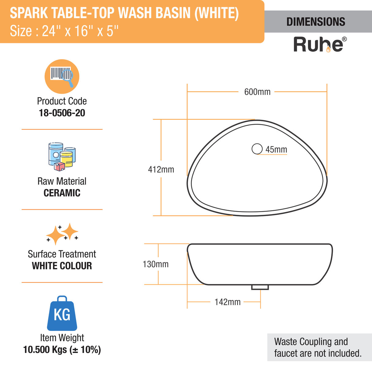 Spark Table Top Wash Basin (White) - by Ruhe