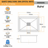 Quartz Single Bowl Kitchen Sink - Crystal White (21 x 18 x 9 inches) - by Ruhe®
